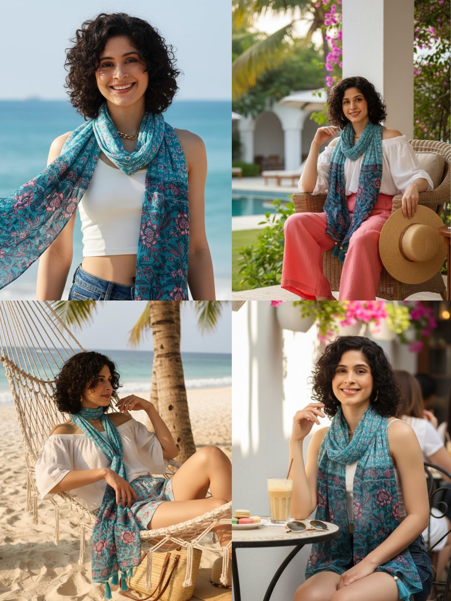 KE KANHA EXPORTS Scarf for Women Premium Cotton Boho | Dual Tone Border Print Stole with Tassels | Lightweight Summer Beach Wrap 180 x 50 cm (Aqua Blossom Blue)