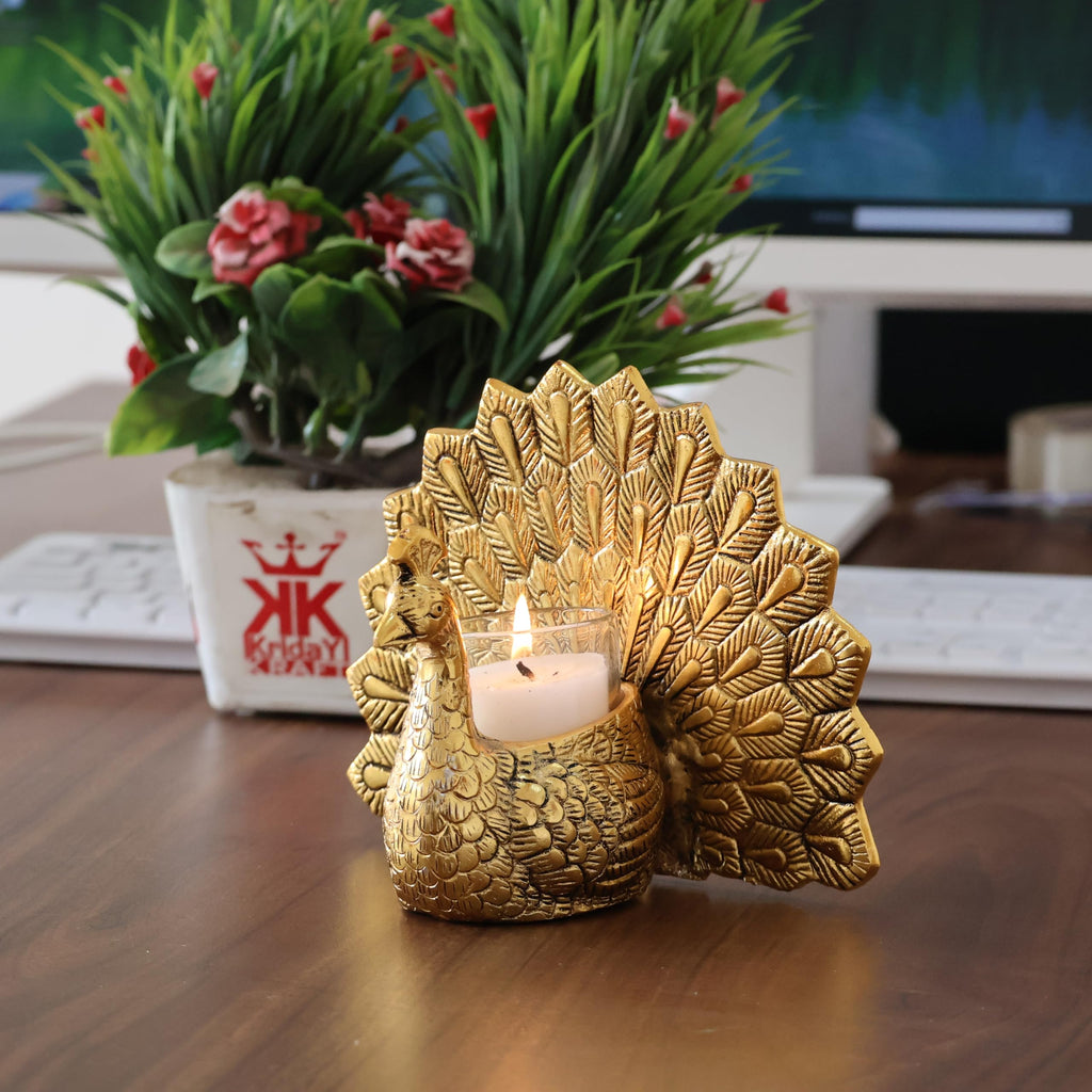 KridayKraft Metal Dancing Peacock Pair Vastu Figurine for Good Luck, Love and Prosperity | Aluminium Votive Candle Holder Showpiece for Diwali, Housewarming and Anniversary Gifting.
