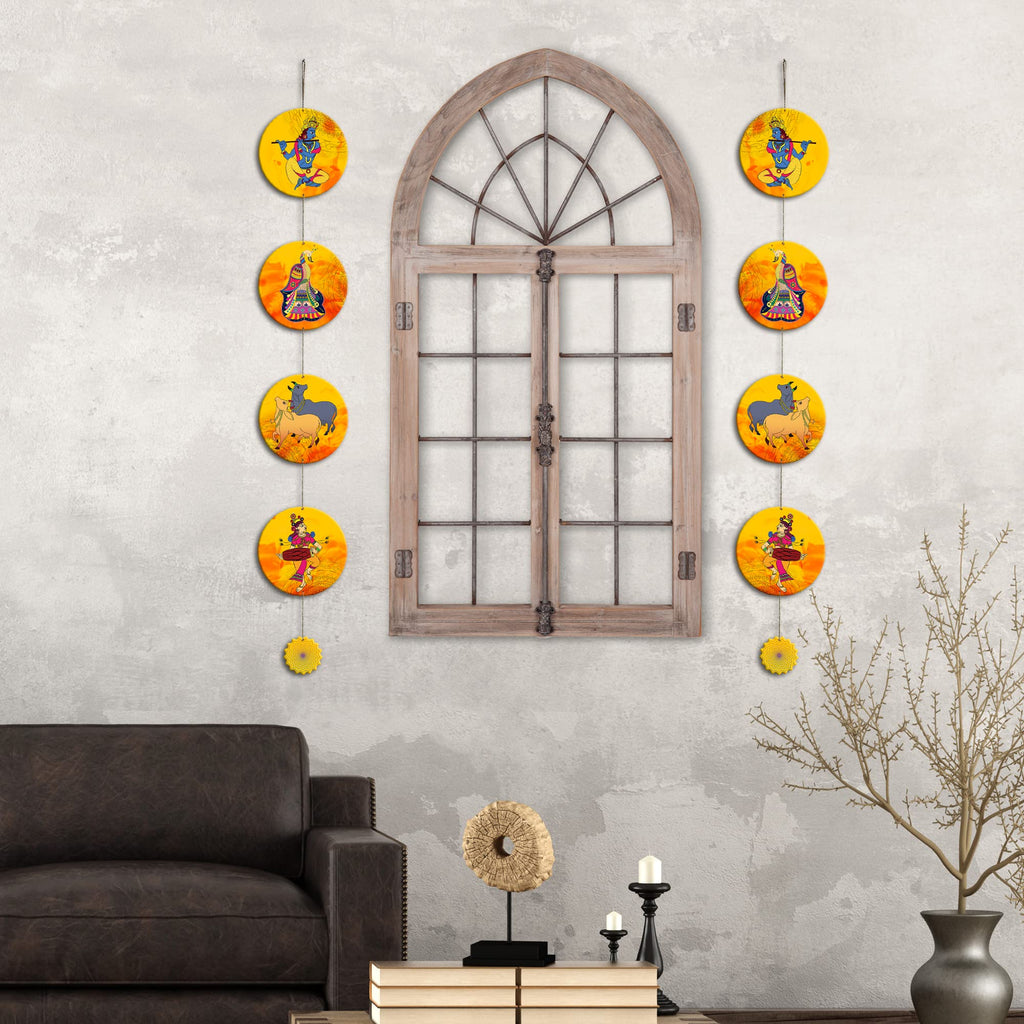 Artvibes Cows & Lord Shri Krishna Playing Flute Indian Art Wall And Door Hanging for Home | Spiritual Decor Items | Wall Poster | Artwork| Stylish Modern Decor Item | Gift Items (WH_5215N), Set of 2