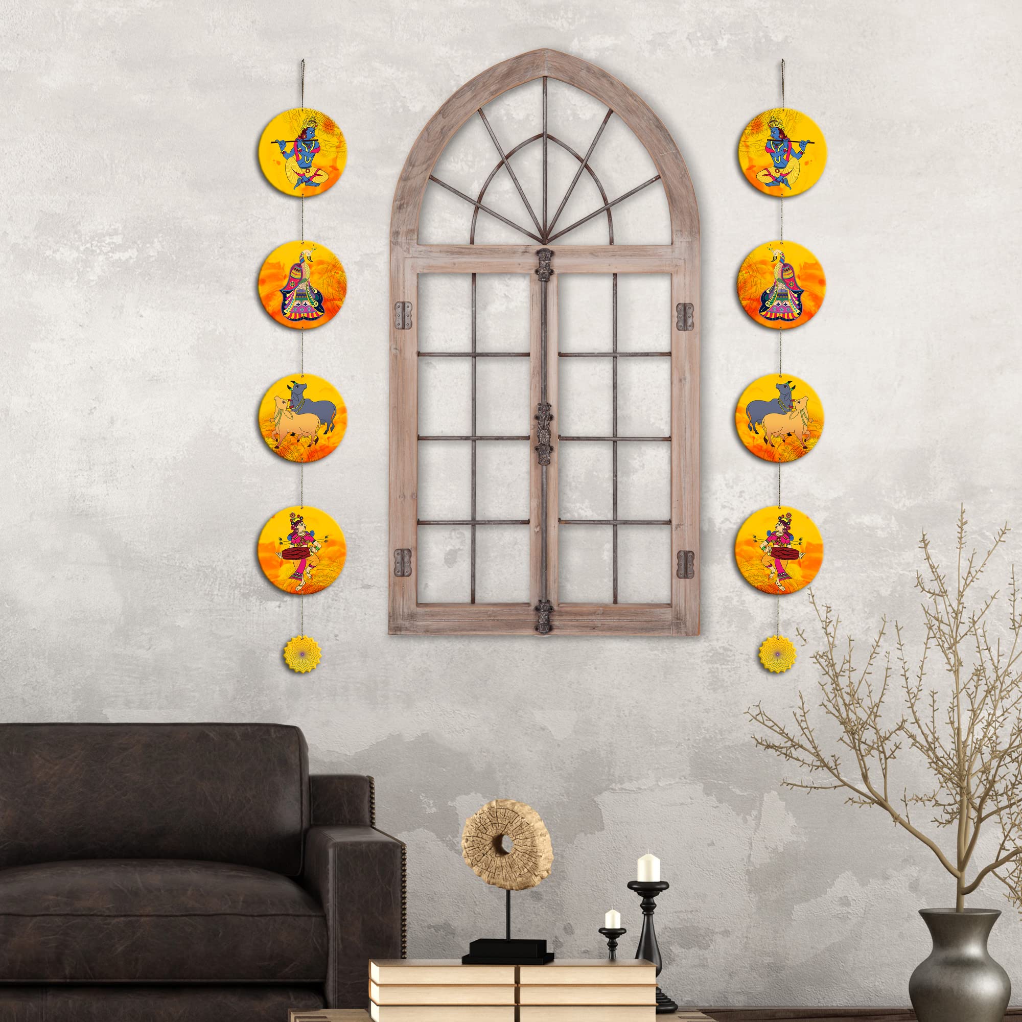 Artvibes Cows & Lord Shri Krishna Playing Flute Indian Art Wall And Door Hanging for Home | Spiritual Decor Items | Wall Poster | Artwork| Stylish Modern Decor Item | Gift Items (WH_5215N), Set of 2