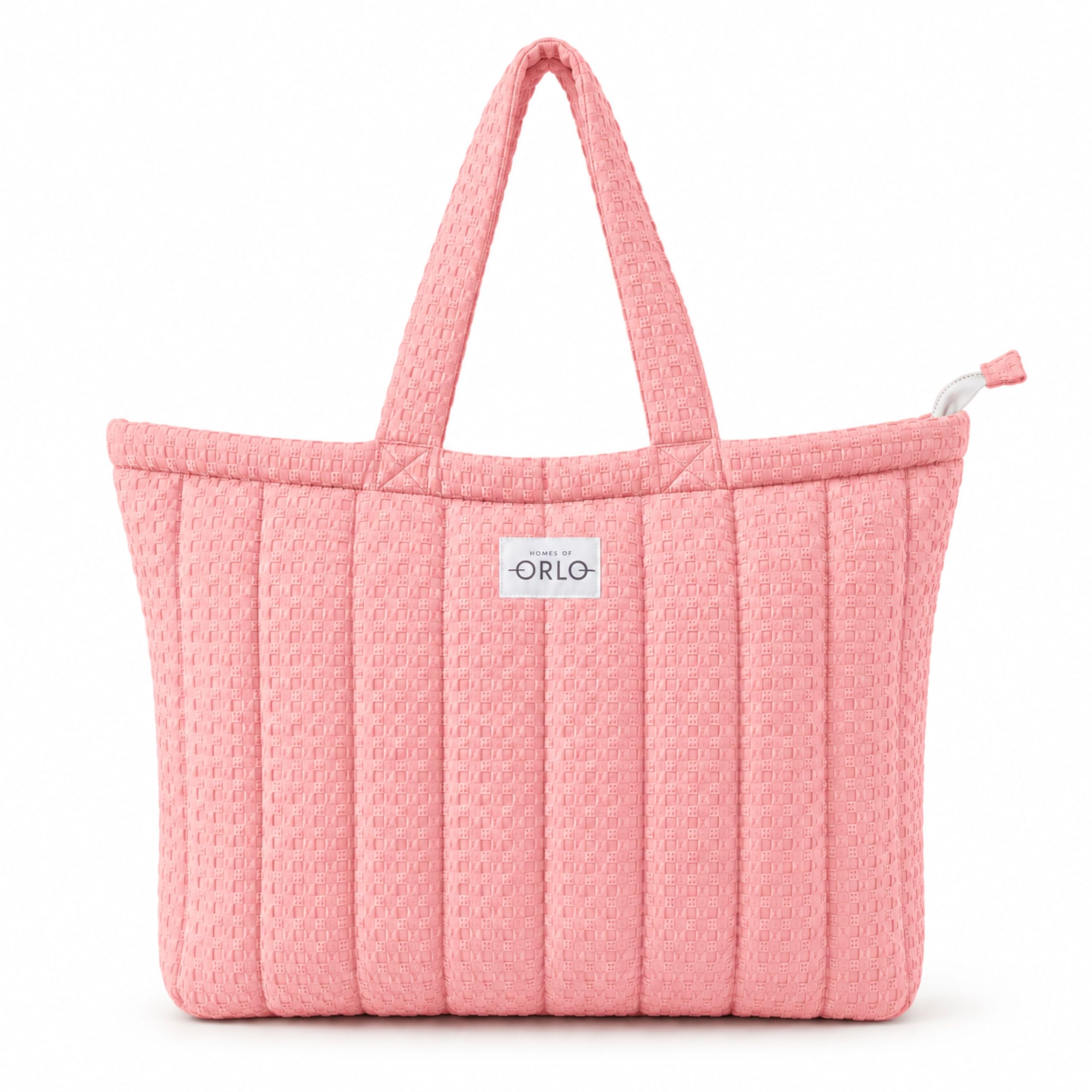 HOUSE OF ORLO Women's Cotton Quilted Aesthetic Western Tote Bags, Waffle Weave Handmade With Zipper & Double Handles For Women & Girls, Daily Use Handbag For College/Travel/Work (Pastel-Pink)