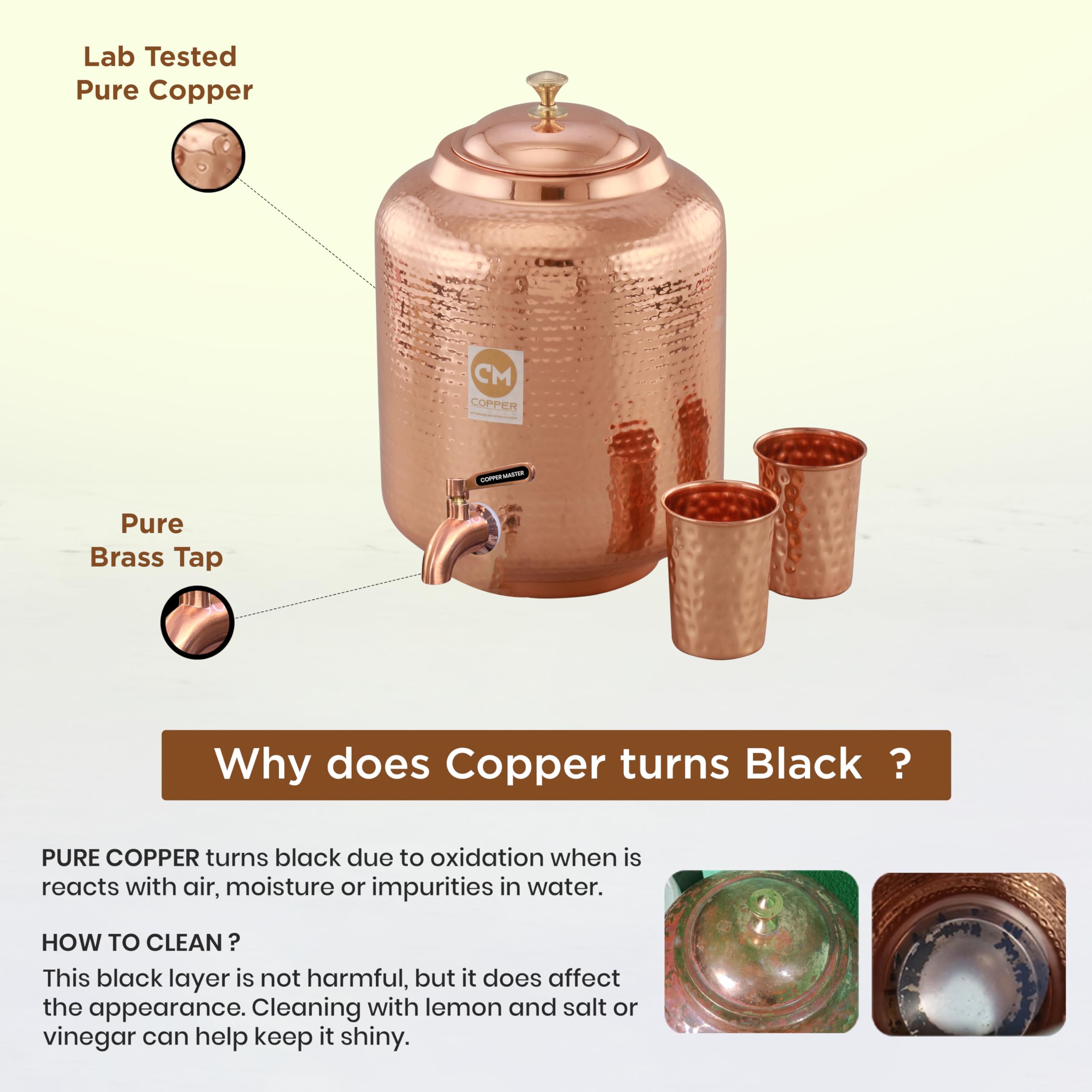 Copper-Master® 14 Litre Hammered Copper Water Dispenser (Matka) Container Pot with 2 Copper Glasses Pure Copper and Ayurvedic Health Benefits (15000 ml + 600 ml)