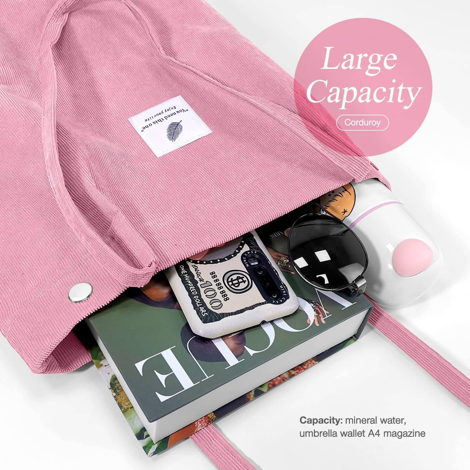 Kawn Women Corduroy Shopper Tote Bag Canvas Shoulder Cord Purse Reusable Shopping Bag Grocery Bag Large Capacity Washable Handbag Shoulder Bag With Inner Pocket For Daily Use (Light Pink)
