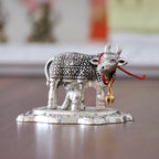 KridayKraft Kamdhenu Cow with Calf Metal Rajasthani Handicrafts Decorative Showpiece for Gifting Anniversary Valentine's Day (Silver)