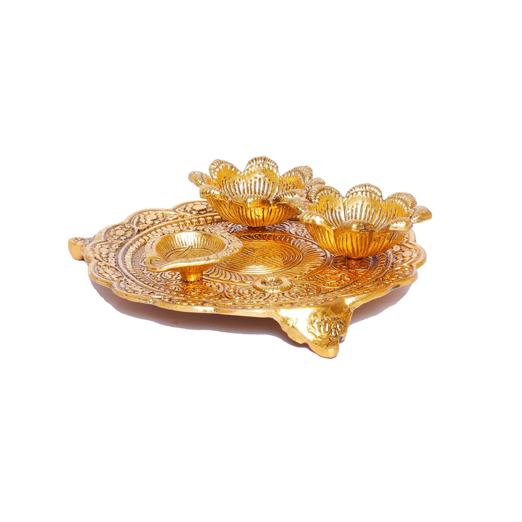 KridayKraft Metal Pooja Thali with Diya for Pooja Home/Temple/Mandir,Decorative Showpiece Pooja Thali Set for Diwali Poojan Wedding Gift Article, Gold