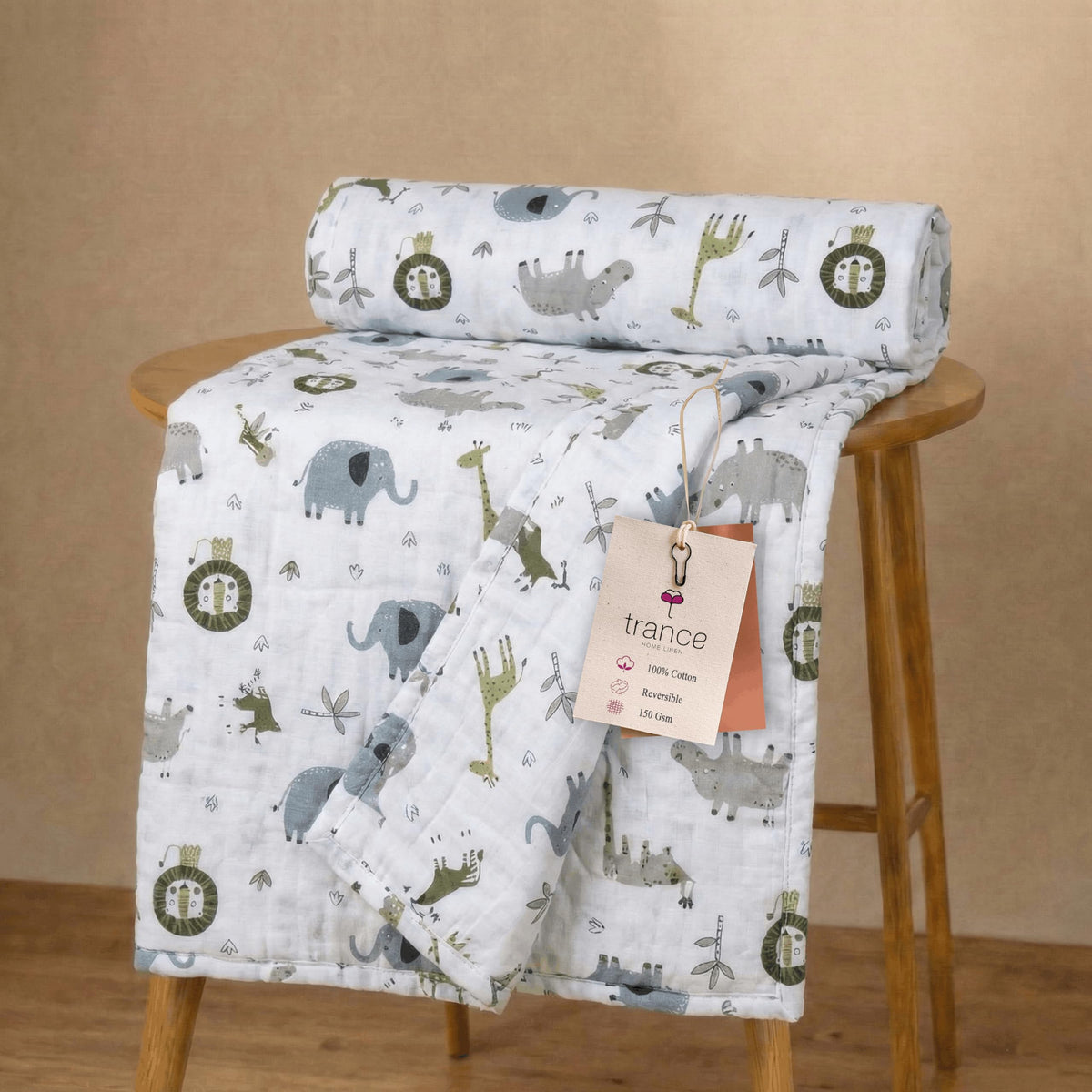 Trance Home Linen 100% Cotton | Kids Dohar | Single Bed | 150 GSM | Reversible Ac Comforter | Light Weight All Season Soft Blanket (58x90 Inches | Green Giraffe) Kafalo