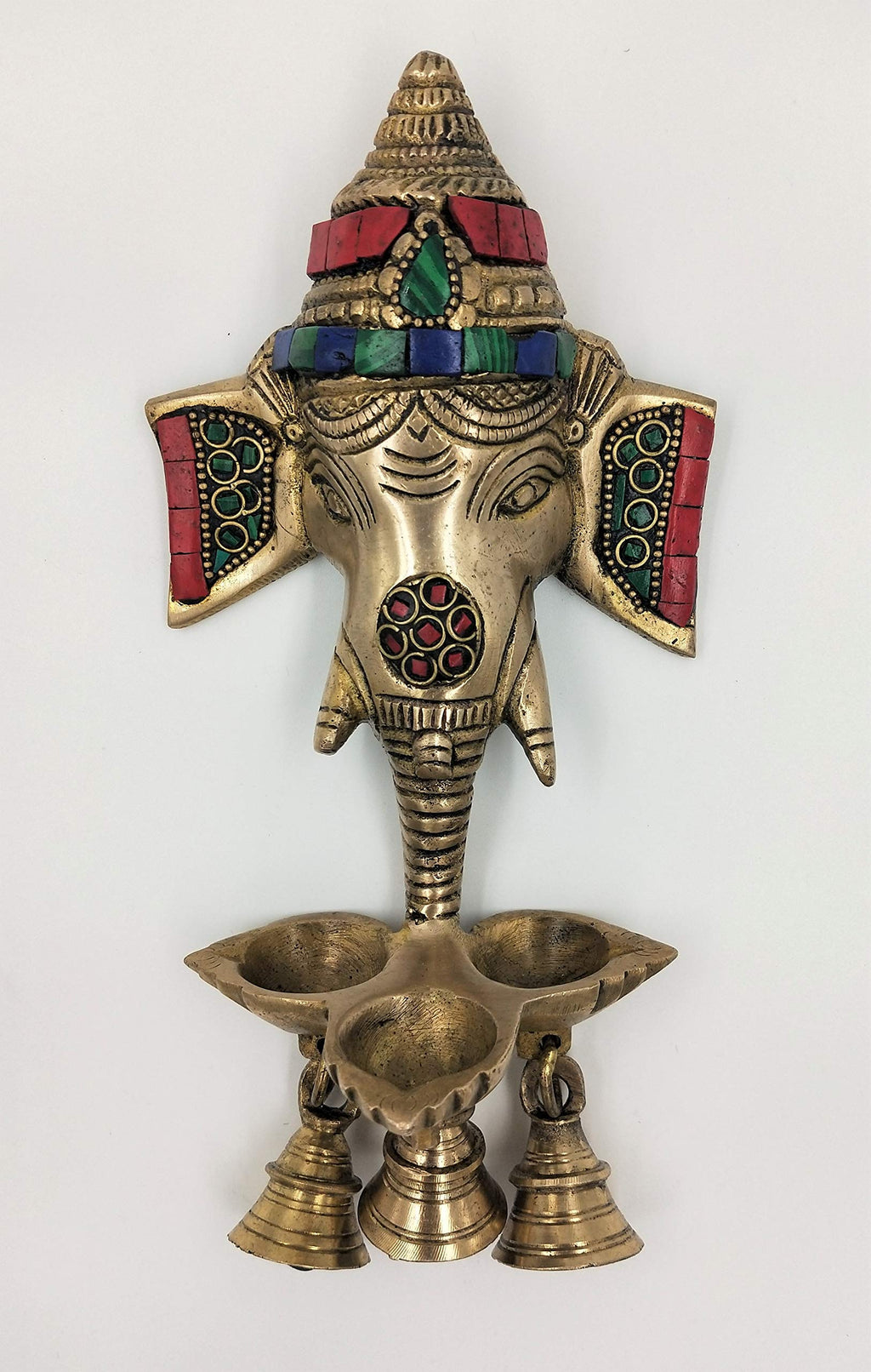 ARTVARKO™ Brass Ganesha Wall Hanging Diya with Bells Puja Idol Oil Lamp 9.5 Inch Antique Style Ganesh Home Décor Deepak for Mandir Temple Gift