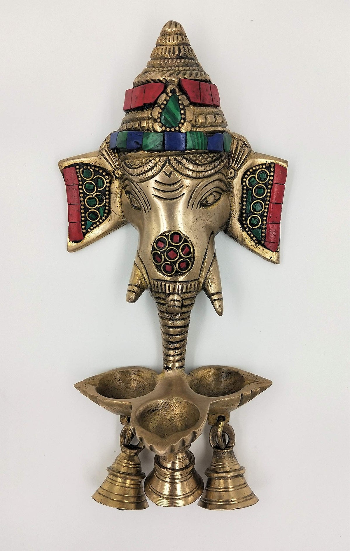 ARTVARKO™ Brass Ganesha Wall Hanging Diya with Bells Puja Idol Oil Lamp 9.5 Inch Antique Style Ganesh Home Décor Deepak for Mandir Temple Gift