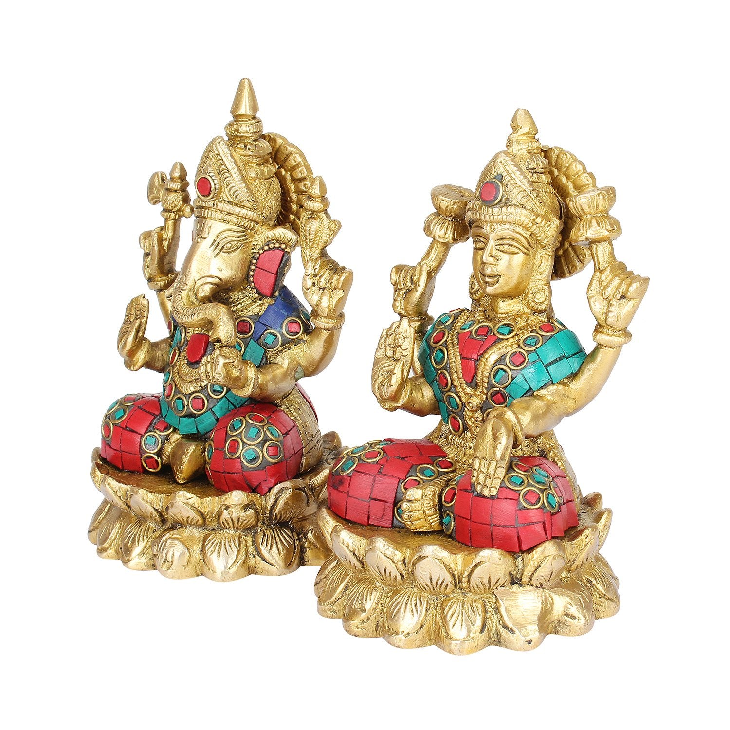 SVARUP Brass Lakshmi Ganesha Sitting on Lotus Laxmi Ganesh Idol for Diwali Pooja Home Decor (Height 5.5 inch Multicolor)
