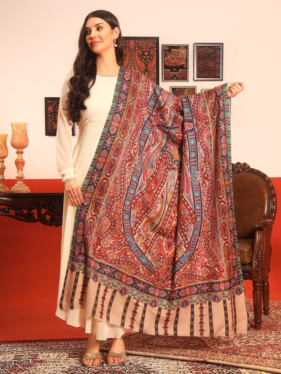 Pashmoda Women Rangrez Rangkalam 100% Pure Wool Fabric Kalamkari Embroidered Shawl (Size: 40x80in, 101x203cm) KAS23