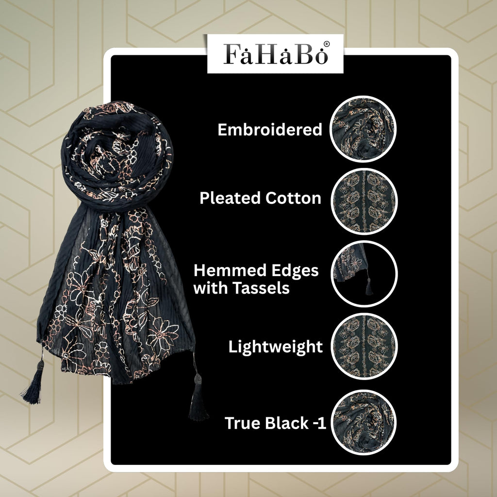 FAHABO Scarf Woman Pleated Cotton Scarves with Embroidery and Tassels | Hijab Scarf | Headscarf | Neck Scarf | Stoles | Wraps (True Black -1)