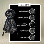 FAHABO Scarf Woman Pleated Cotton Scarves with Embroidery and Tassels | Hijab Scarf | Headscarf | Neck Scarf | Stoles | Wraps (True Black -1)