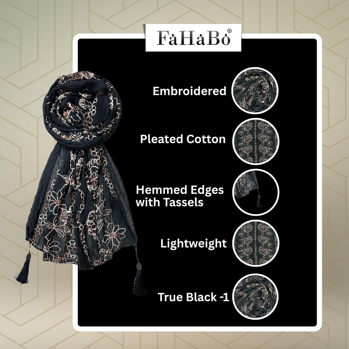 FAHABO Scarf Woman Pleated Cotton Scarves with Embroidery and Tassels | Hijab Scarf | Headscarf | Neck Scarf | Stoles | Wraps (True Black -1)