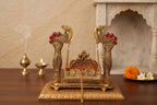 KridayKraft Laddu Gopal Jhula for Krishna Idol, Peacock Metal Palna with Gold Finish & Stone Work, Bal Gopal Swing Singhasan for Janmashtami, Home Mandir, Pooja & Gifting, 20 x 9.5 x 19 cm