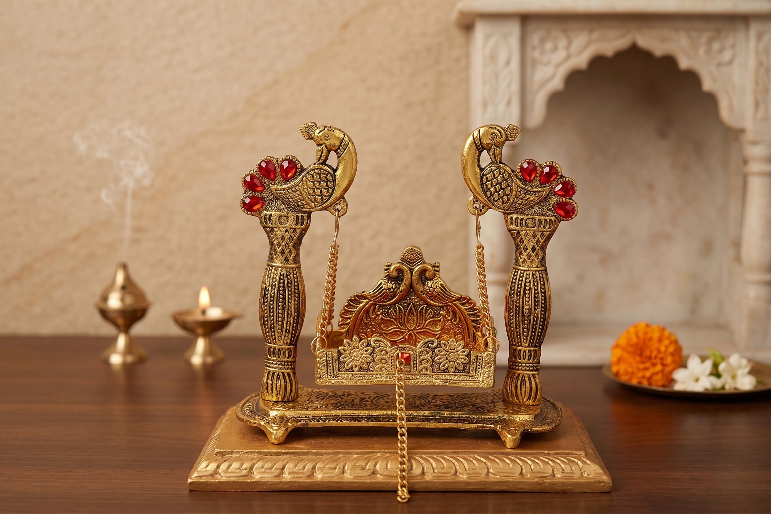 KridayKraft Laddu Gopal Jhula for Krishna Idol, Peacock Metal Palna with Gold Finish & Stone Work, Bal Gopal Swing Singhasan for Janmashtami, Home Mandir, Pooja & Gifting, 20 x 9.5 x 19 cm