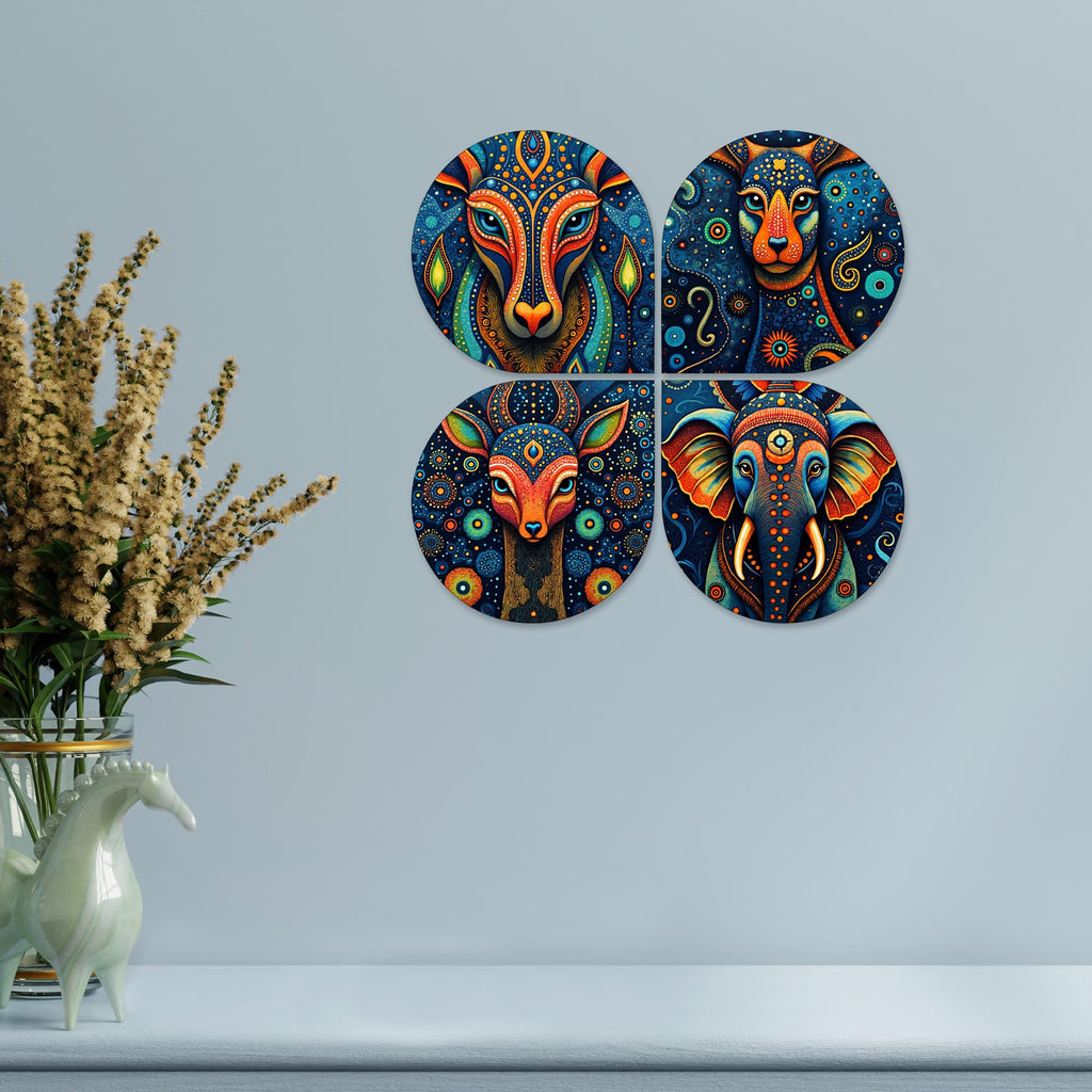 Artvibes Traditional Animal Decorative MDF Wooden Wall Art for Home | Living Room | Office | Wall Art Painting For Hall | Graphic Artwork | Aesthetic Wooden Decor | Ideal Gifts (WH_8468N), Set of 4
