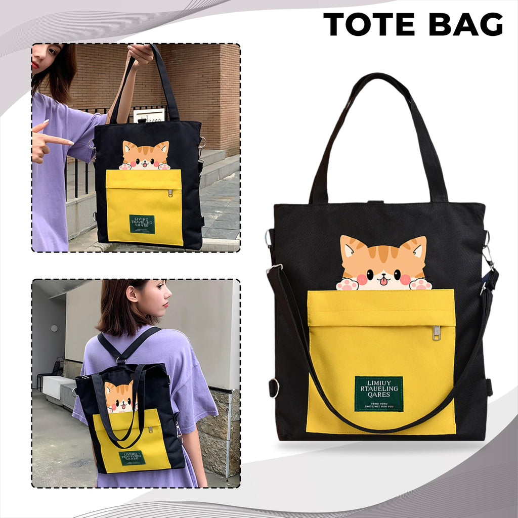 Kraptick Tote Bags – Stylish Shoulder Tote Bag for Everyday Use For Women Compact Reusable Perfect as a Grocery Tote Bag, Shopping Bags for Grocery (Lazy Cat Black)