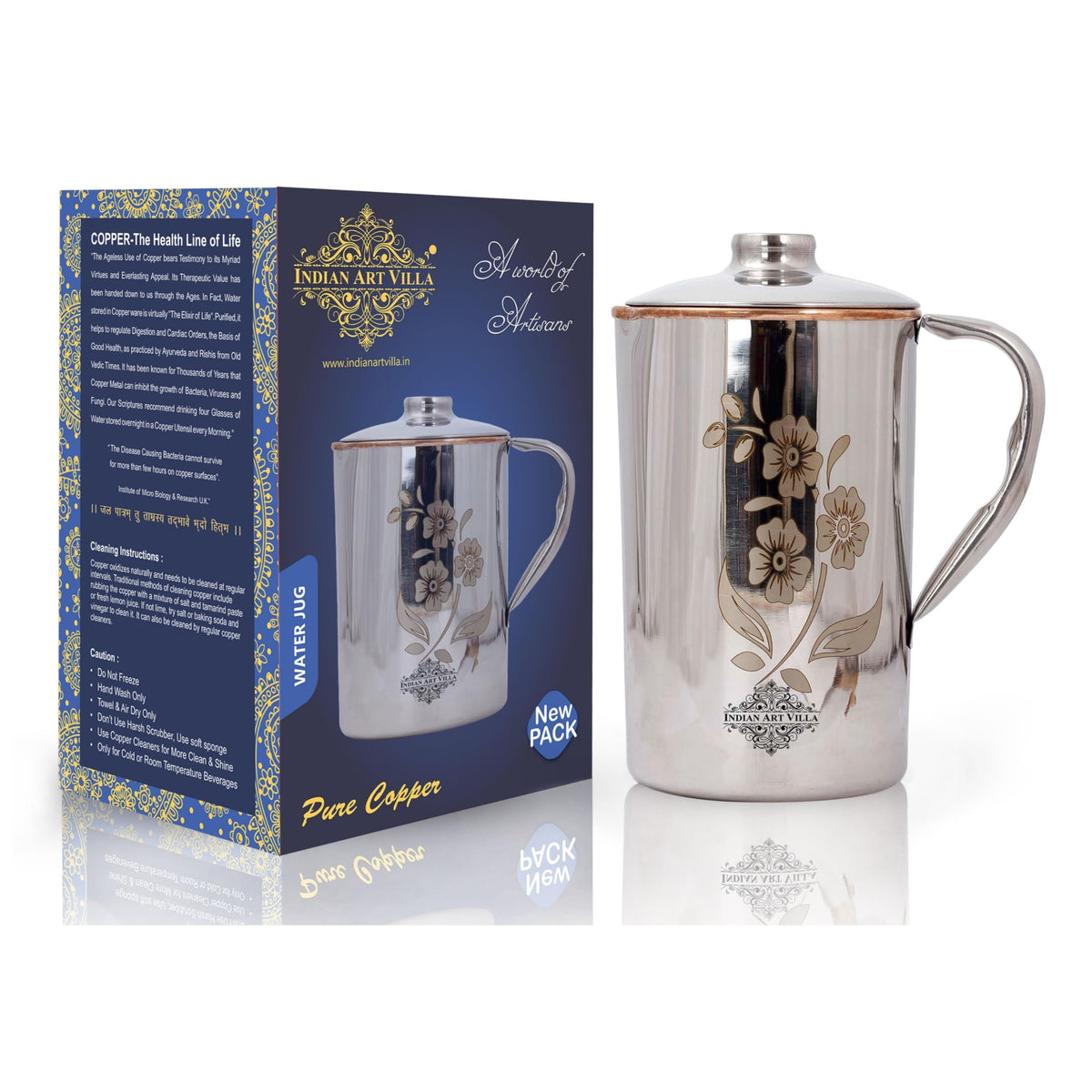 Indian Art Villa Steel Copper Floral Design Jug Pitcher with Lid, Storage & Serving Water, Beneficial for Health, Volume-2000 ML