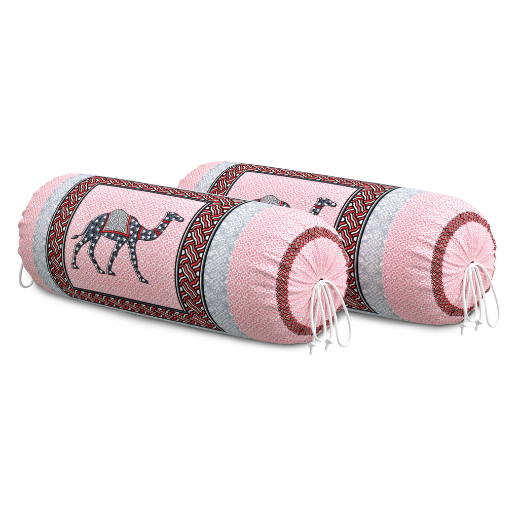 BLOCKS OF INDIA Cotton Hand Block Printed Bolster Cover | Booster Cover with Drawstring | Round Long Pillow Cover for Bed | Dewan Pillow Cover Set 16 X 32 | Set of 2 (Pink Camel)