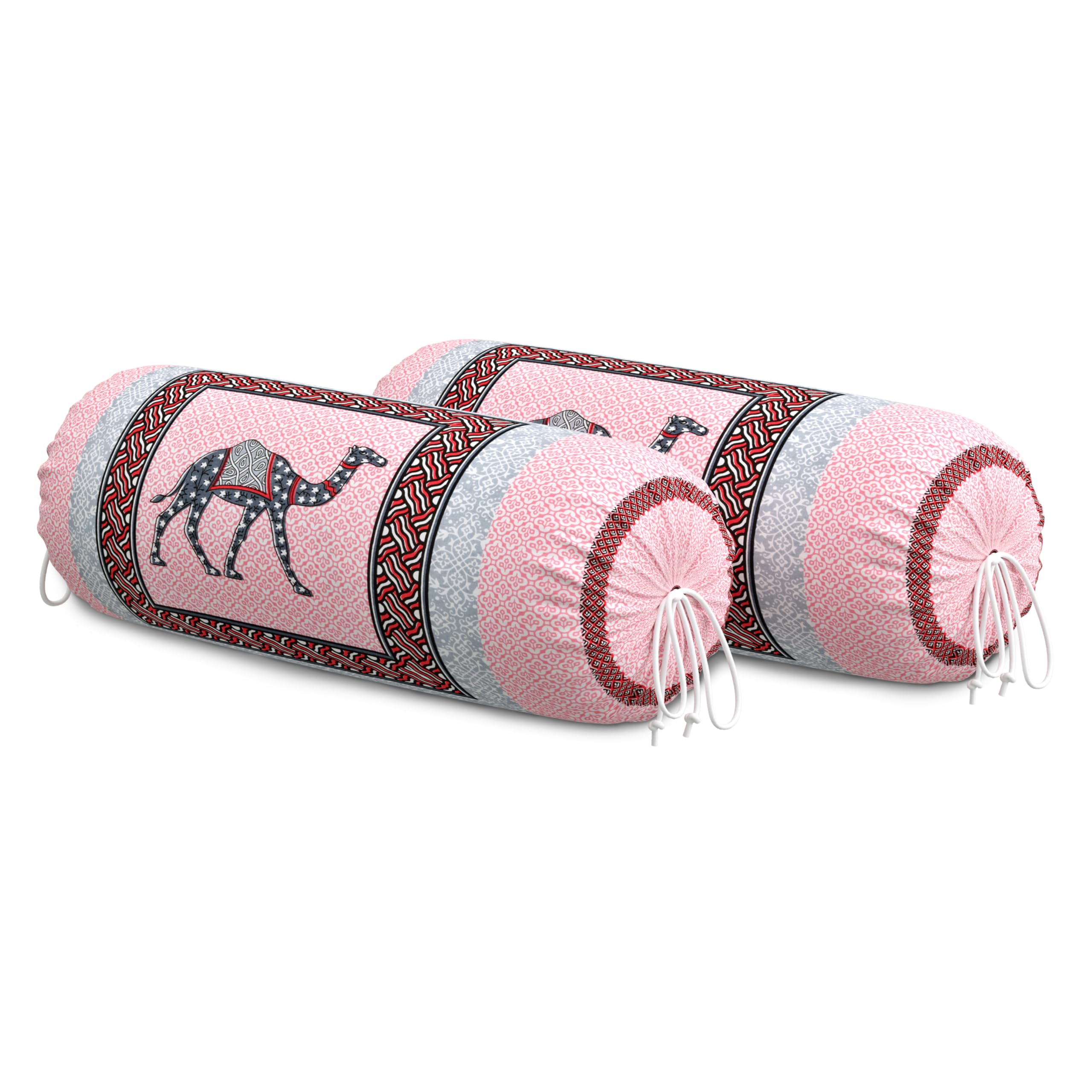 BLOCKS OF INDIA Cotton Hand Block Printed Bolster Cover | Booster Cover with Drawstring | Round Long Pillow Cover for Bed | Dewan Pillow Cover Set 16 X 32 | Set of 2 (Pink Camel)