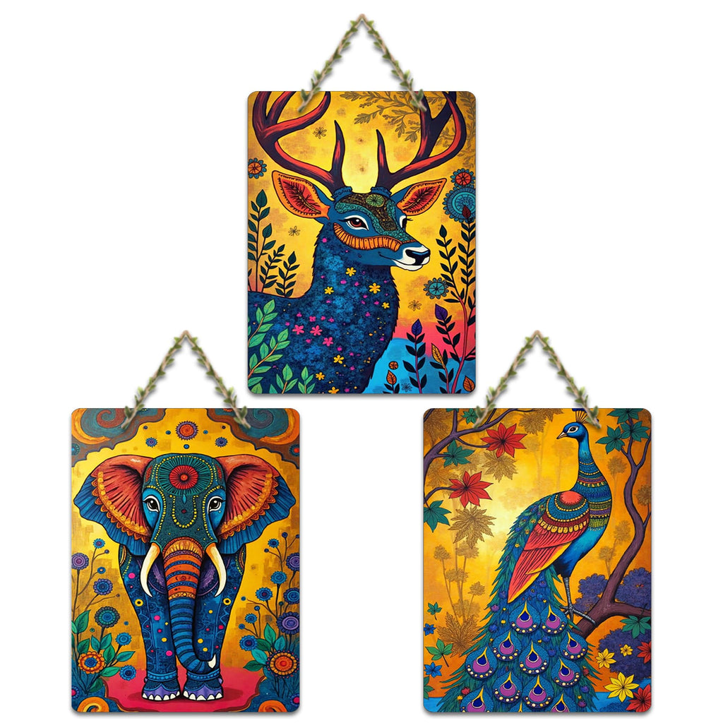 Artvibes Sacred Elephant Jungle Wooden Art Decoration Item for Home | Wall Sculpture | Signs & Plaques | Modern Decor Artwork | Wall Poster | Handcrafted Art | Ideal Gifts (WH_9666N), Set of 3