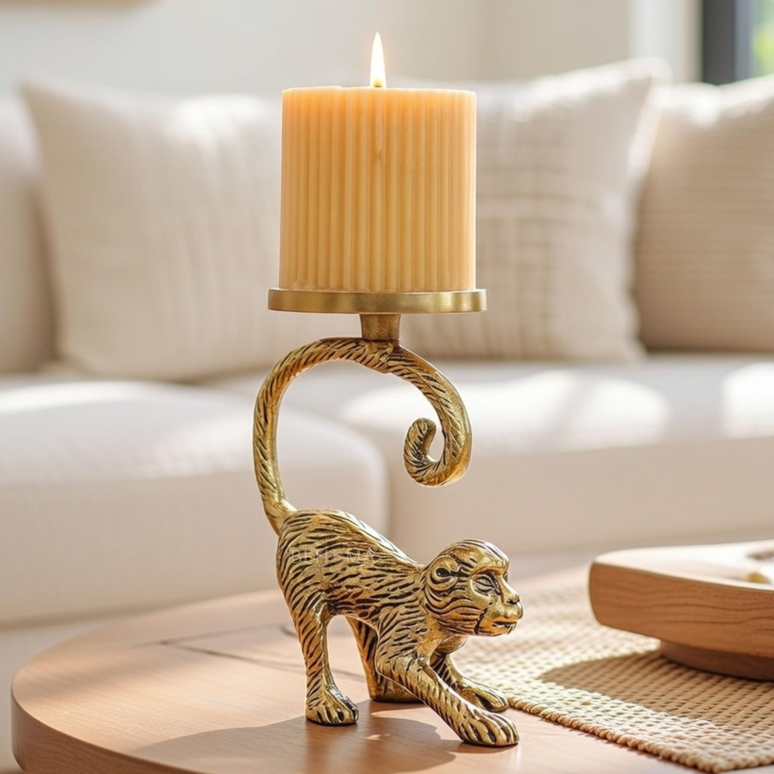 BEHOMA Metal Monkey Pillar Candle Holder Stand, Gold