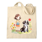 Metsi Canvas Tote Bag - Zipper Pocket With Girl and Puppy Print for Women 13x15 Inch, Eco-Friendly Multi-Purpose Cotton Tote Bag for Shopping, School, Beach, Groceries DIY Painting Gift Use - Design 2