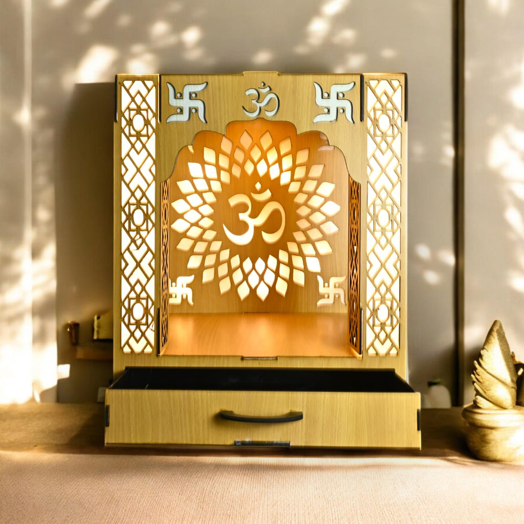 Wooden Home Mandir with LED Setup, Wall or Table Mounted (25x23x30) CM | Led Pillars | Mordern Design Temple for Home and Office | Maclarg (Light Peach)