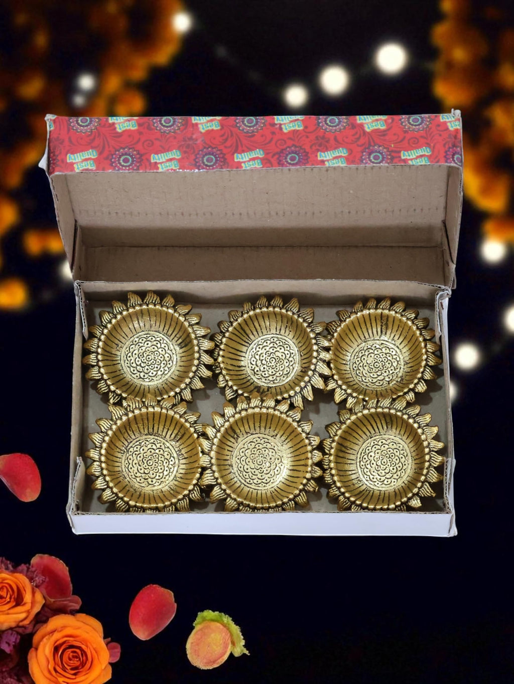 Kridaykraft Decorative Sunflower Diya Set, Gold-Plated Metal, Pack of 6 Pcs, Traditional Festival Lights