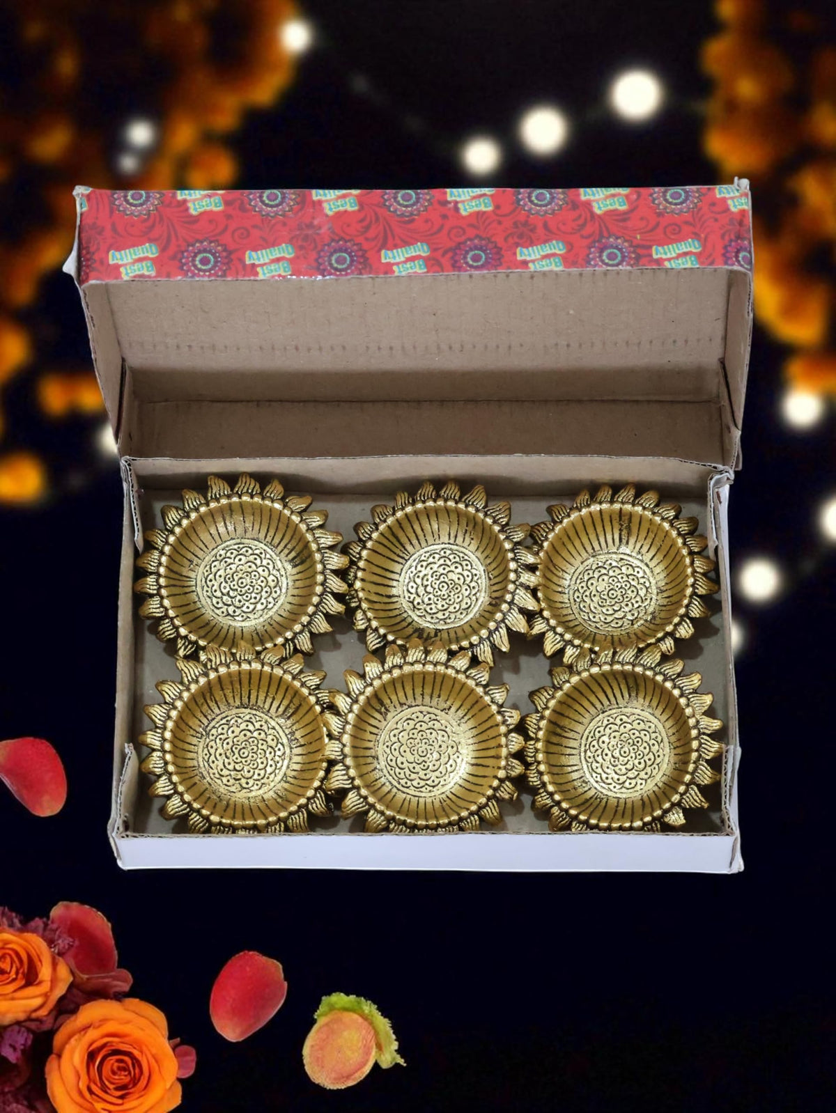 Kridaykraft Decorative Sunflower Diya Set, Gold-Plated Metal, Pack of 6 Pcs, Traditional Festival Lights