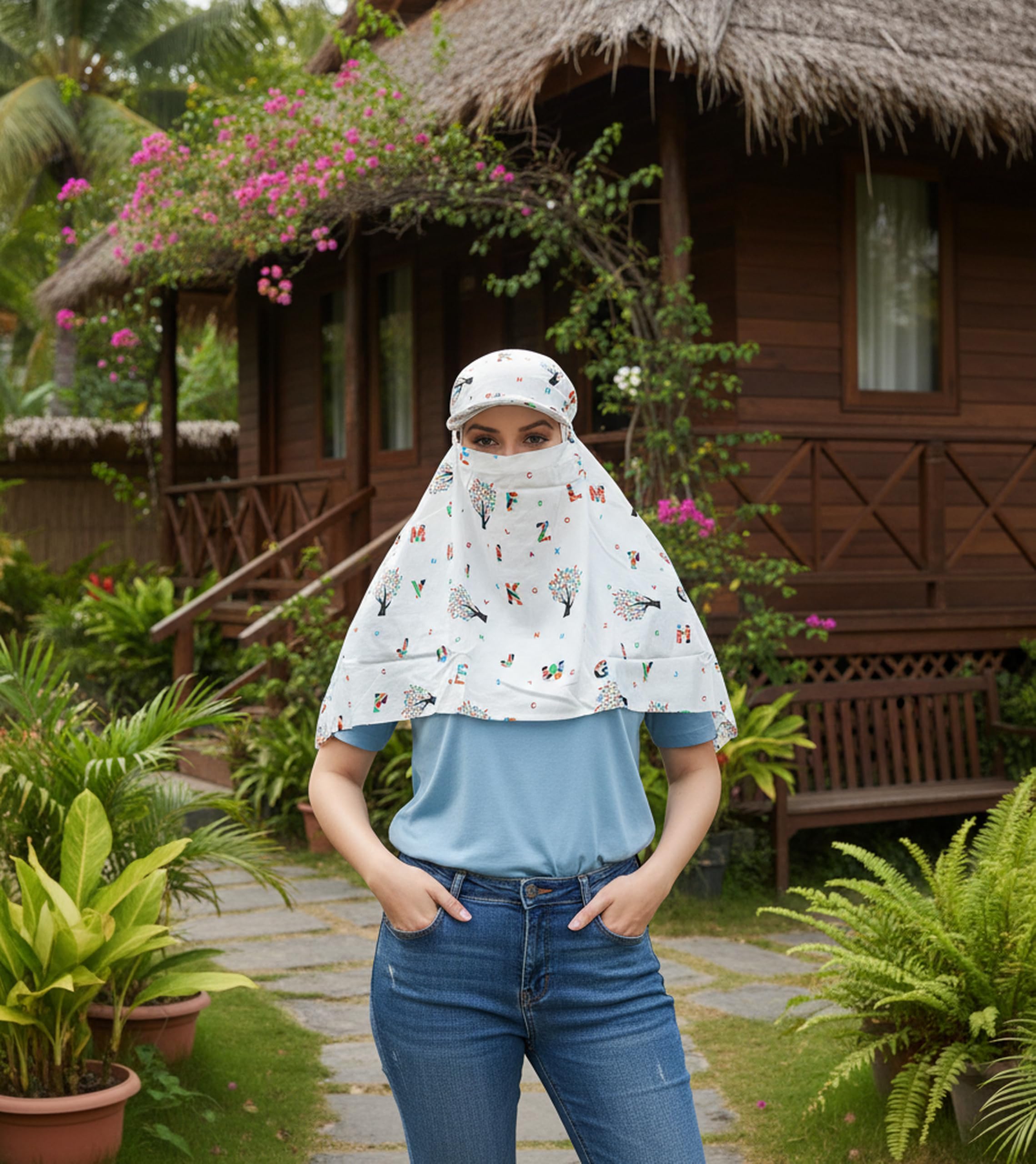 7 season's Rayon Scarf Cum Mask Universal Size/Usable for vehicle Driver for sunlight UV protection/White Printed Design size 32x38 inches (Cap_ABCD)