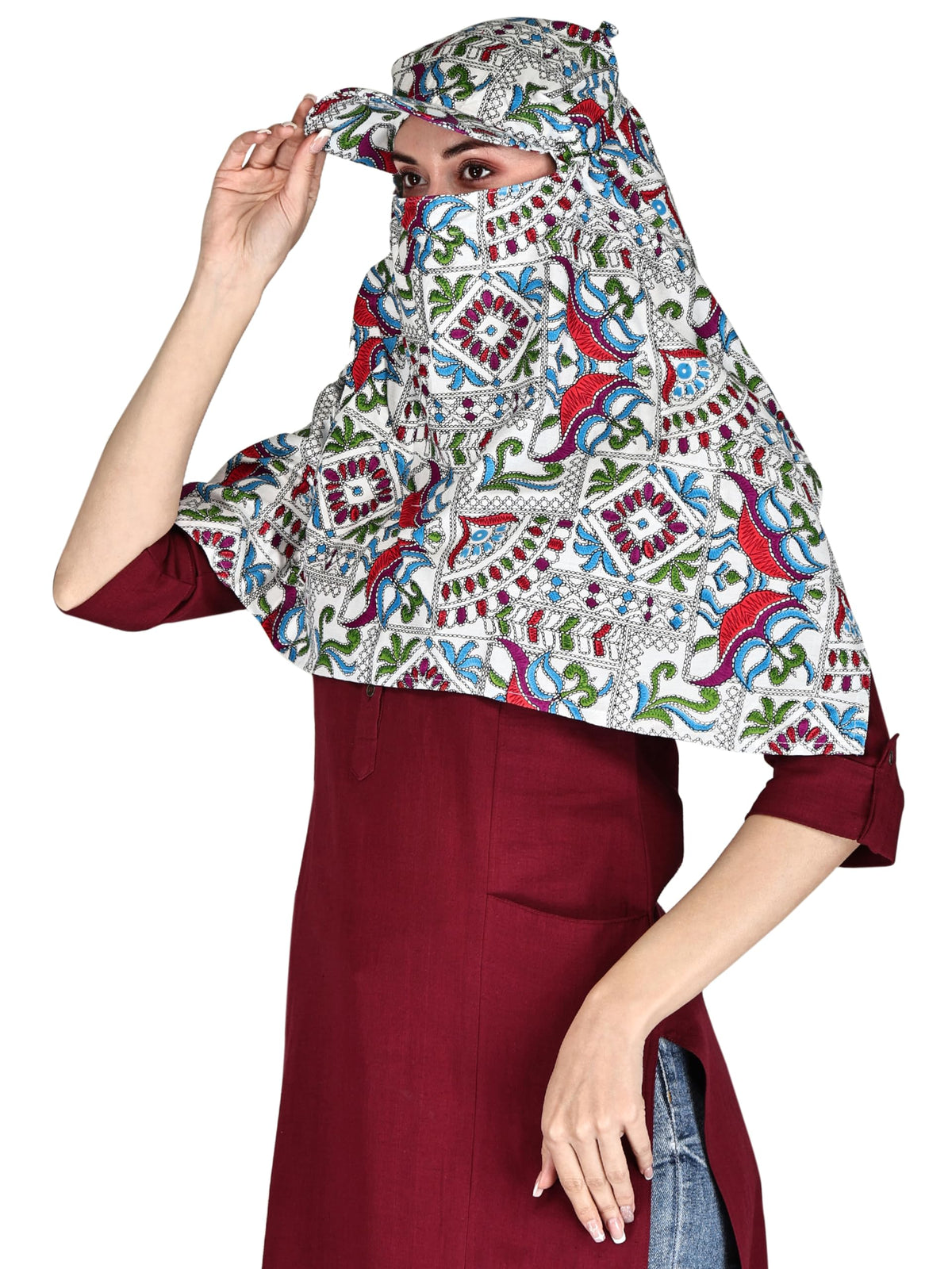 TESY QWEN Women's Scarf Cum Mask with Cap, Rayon Multi-Functional Neck Gaiter with UV Protection for Biking, Hiking and Travel (Jaipuri)