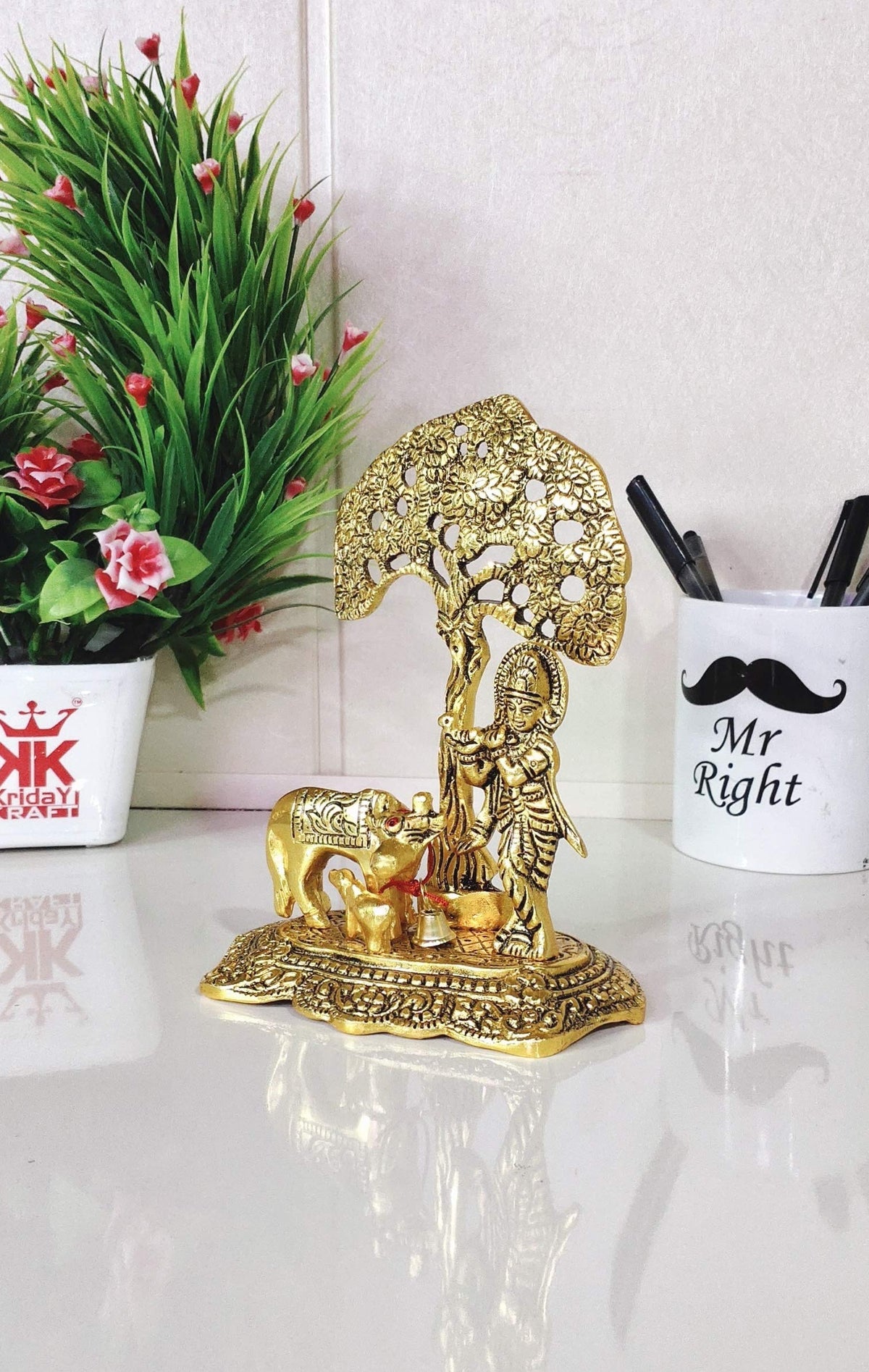 KridayKraft Metal Krishna Idol Statue with Kamdhenu Cow Standing Under Tree for Pooja Room,Temple & Decor Your Home,Office & Gift Your Relatives,Wedding,Birthday...