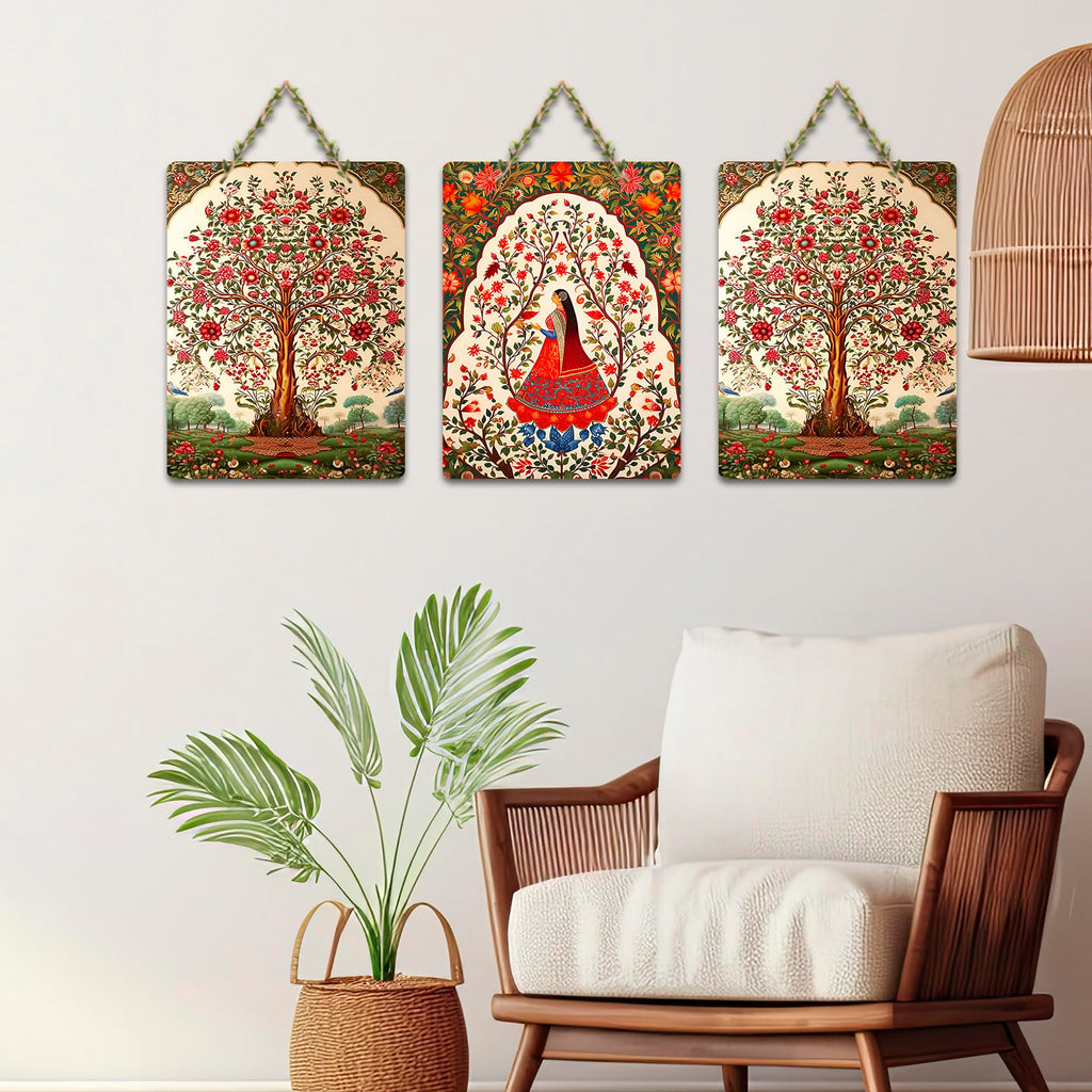 Artvibes Beautiful Tree Pichwai Art Wooden Wall Hanger for Home Decor | Living Room | Office | Wall Art Painting For Hall | Graphic Artwork | Wall Illustrations | Gift Items (WH_9608N), Set of 3