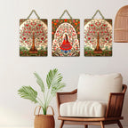 Artvibes Beautiful Tree Pichwai Art Wooden Wall Hanger for Home Decor | Living Room | Office | Wall Art Painting For Hall | Graphic Artwork | Wall Illustrations | Gift Items (WH_9608N), Set of 3