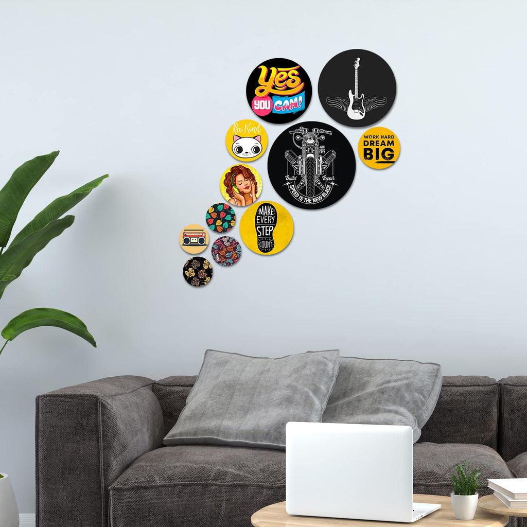 Artvibes Make Every Step Count Decorative Round Shape MDF Wooden Wall Hanging | Quotes Decor Item | Traveller Quotes Wall Art | Wall Art Print | Home Decor | Unique Gift (WPS_102N), Set of 11