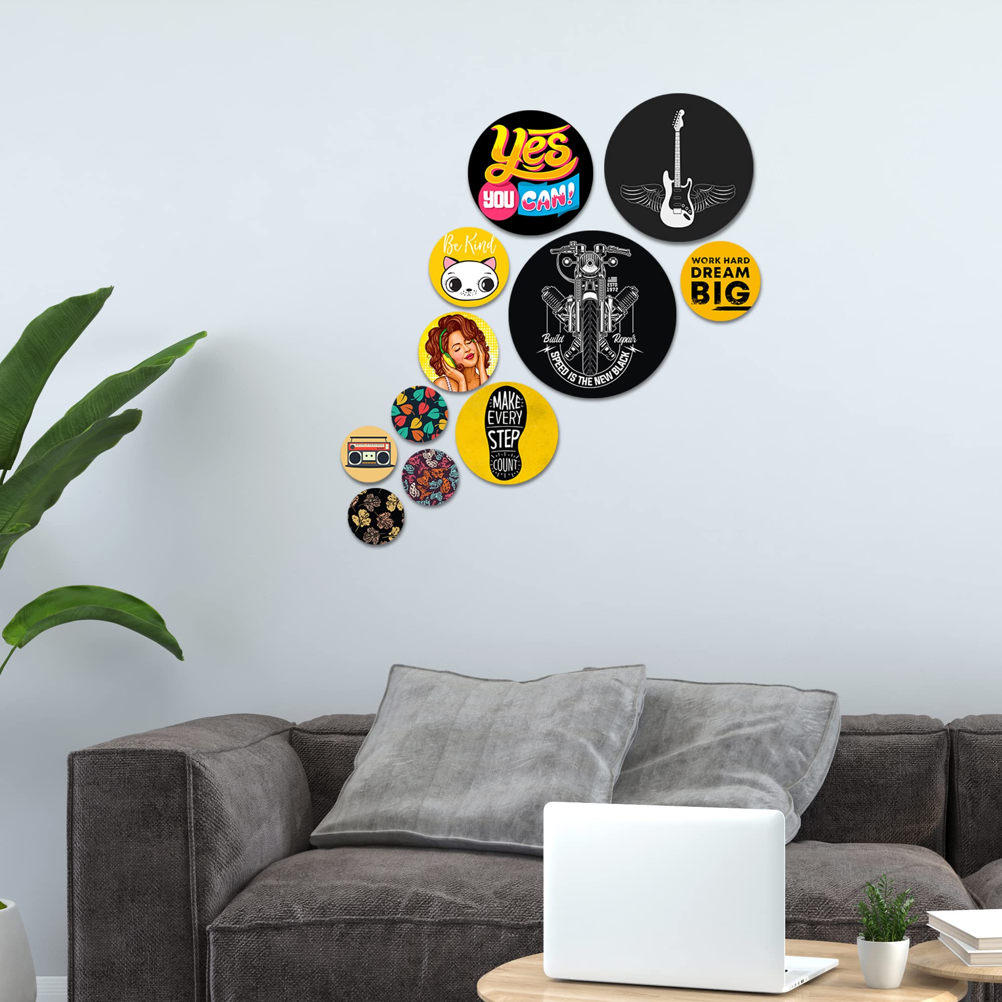 Artvibes Make Every Step Count Decorative Round Shape MDF Wooden Wall Hanging | Quotes Decor Item | Traveller Quotes Wall Art | Wall Art Print | Home Decor | Unique Gift (WPS_102N), Set of 11