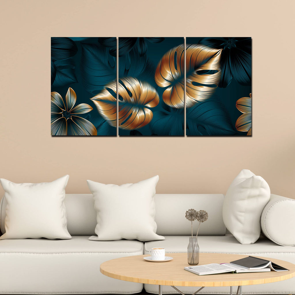VIBECRAFTS 3 Pieces Beautiful Flower & Monstera Leaves Canvas Wall Painting Fitted With Wooden Frame For Home | Office | Living Room | Gifts(PTVC3Pcs3_11509)
