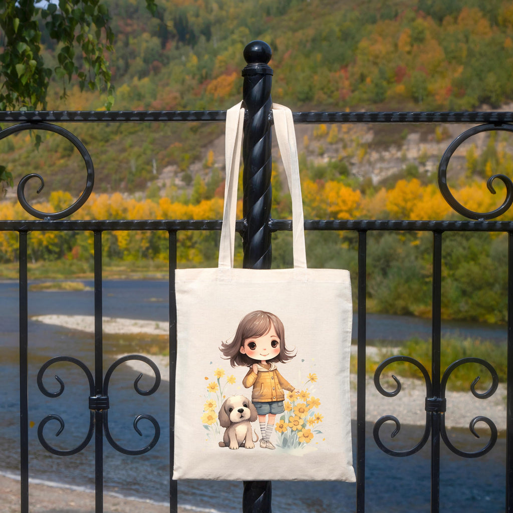 Metsi Canvas Tote Bag for Women, 13x15 Plain Cotton Tote Bag with Zipper, Reusable Multi-Purpose Cotton Bags for Shopping, School, Beach, Groceries, Painting, DIY Gift Bags, Girl with Puppy 1