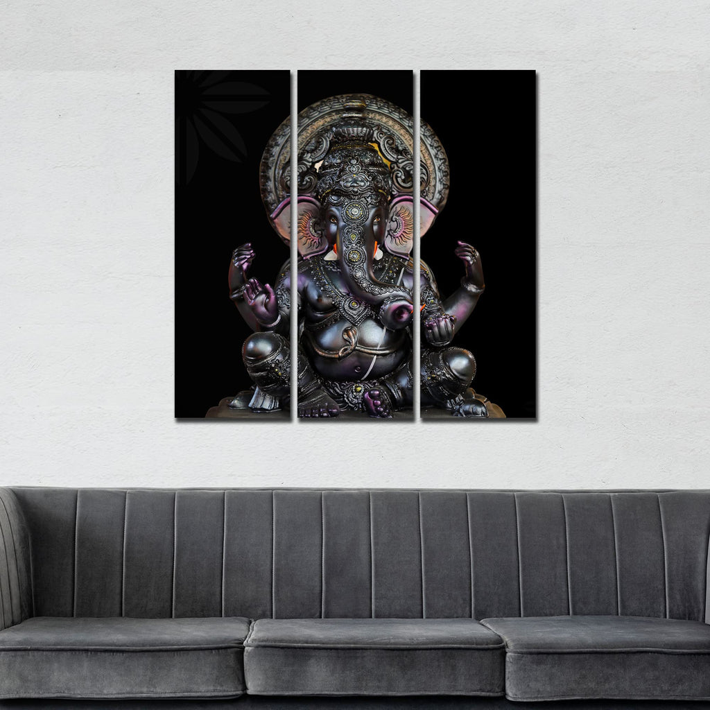 VIBECRAFTS 3 Pieces Sculpture Shree Ganesha Canvas Wall Painting Fitted With Wooden Frame For Home | Office | Living Room | Gifts (PTVC3Pcs1_9566)