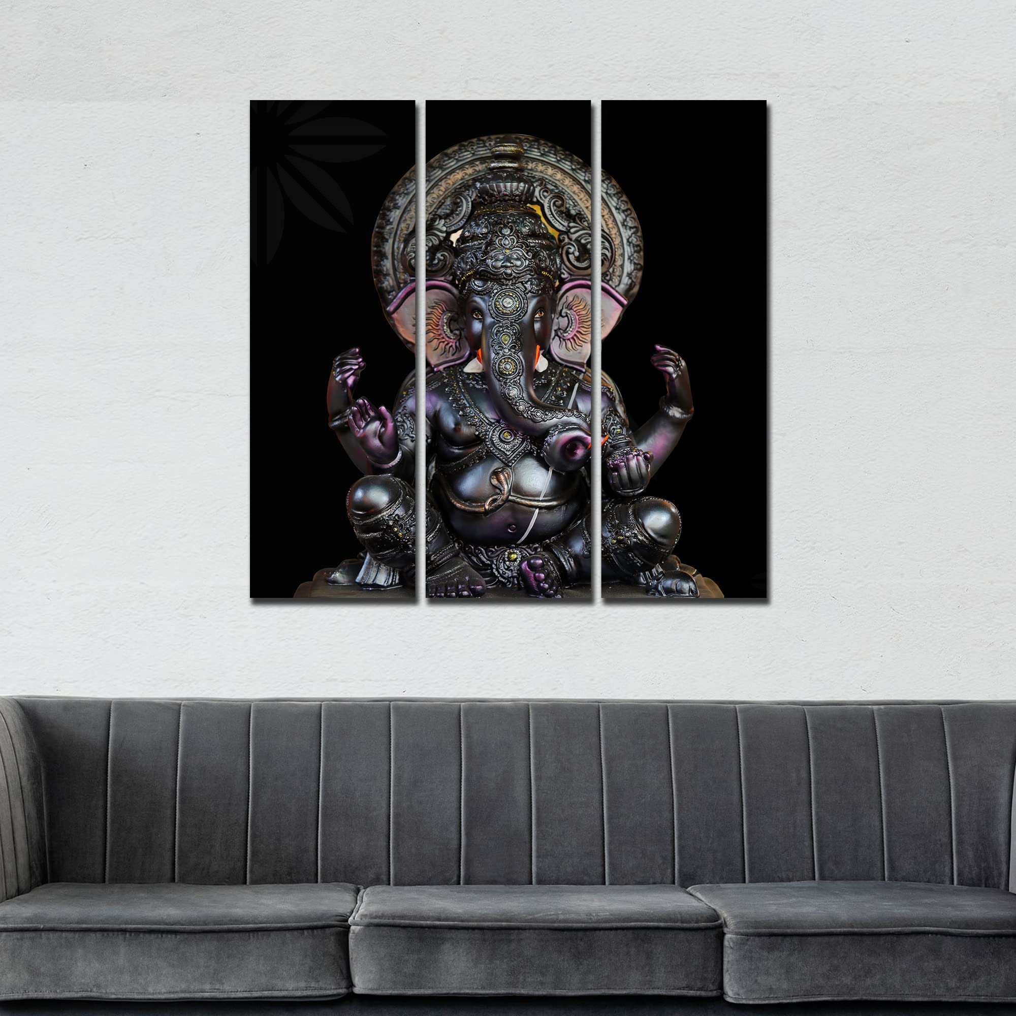 VIBECRAFTS 3 Pieces Sculpture Shree Ganesha Canvas Wall Painting Fitted With Wooden Frame For Home | Office | Living Room | Gifts (PTVC3Pcs1_9566)