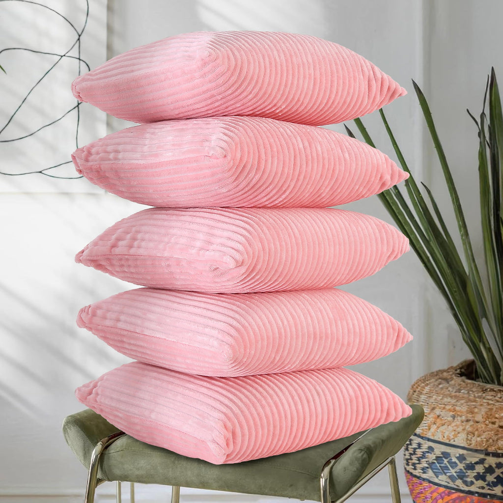 RD TREND® Cushion Cover Set of 5, Decorative Sofa Living Room Home Square Cushion Covers 24 Inch x 24 Inch, Aesthetic Corduroy Striped Double Sided (Peach,Pack of 5)