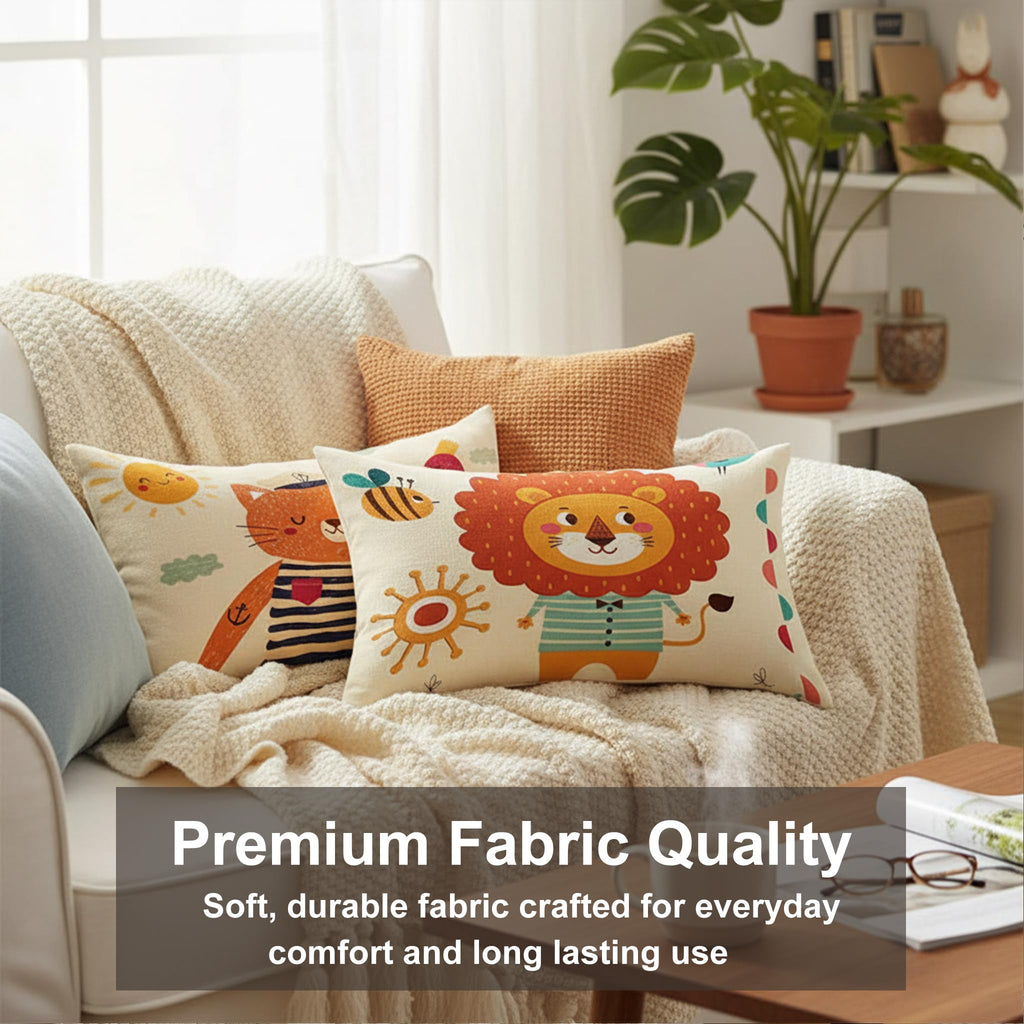 STITCHNEST Set of 2 Folk Art Animal Fantasy Collection Printed Polycotton Cushion Covers 12x18 Inches | Decorative Throw Pillow Covers for Sofa, Living Room, Bedroom | Perfect for Home Decor