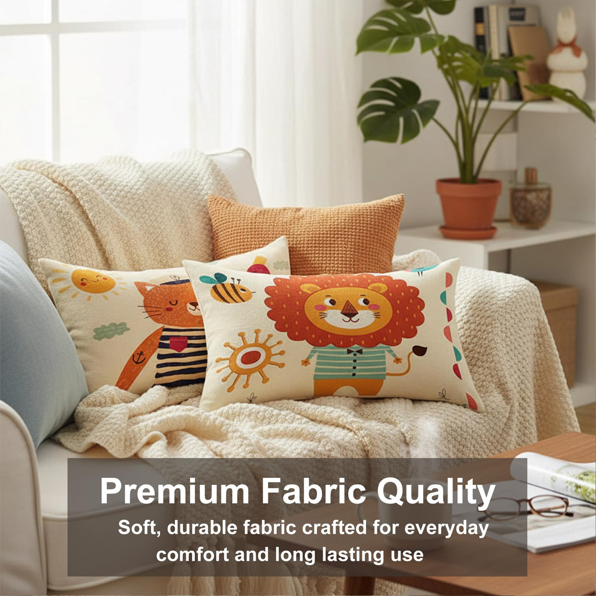 STITCHNEST Set of 2 Folk Art Animal Fantasy Collection Printed Polycotton Cushion Covers 12x18 Inches | Decorative Throw Pillow Covers for Sofa, Living Room, Bedroom | Perfect for Home Decor