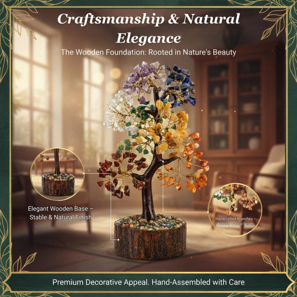CALMINDS 7 Chakra Crystal Tree with Wooden Base | Natural Gemstone Bonsai for Healing, Balance & Positive Energy | Vastu Feng Shui Good Luck Tree for Home Decor & Spiritual Gift
