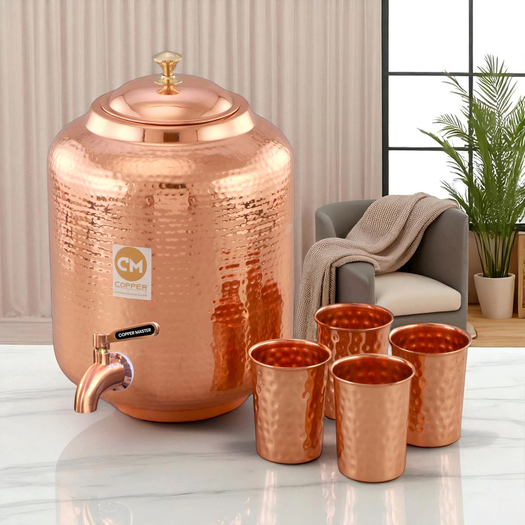 Copper-Master 14 Litre Hammered Copper Water Dispenser (Matka) Container Pot with 4 Copper Glasses Pure Copper and Ayurvedic Health Benefits (14000 ml + 1200 ml)