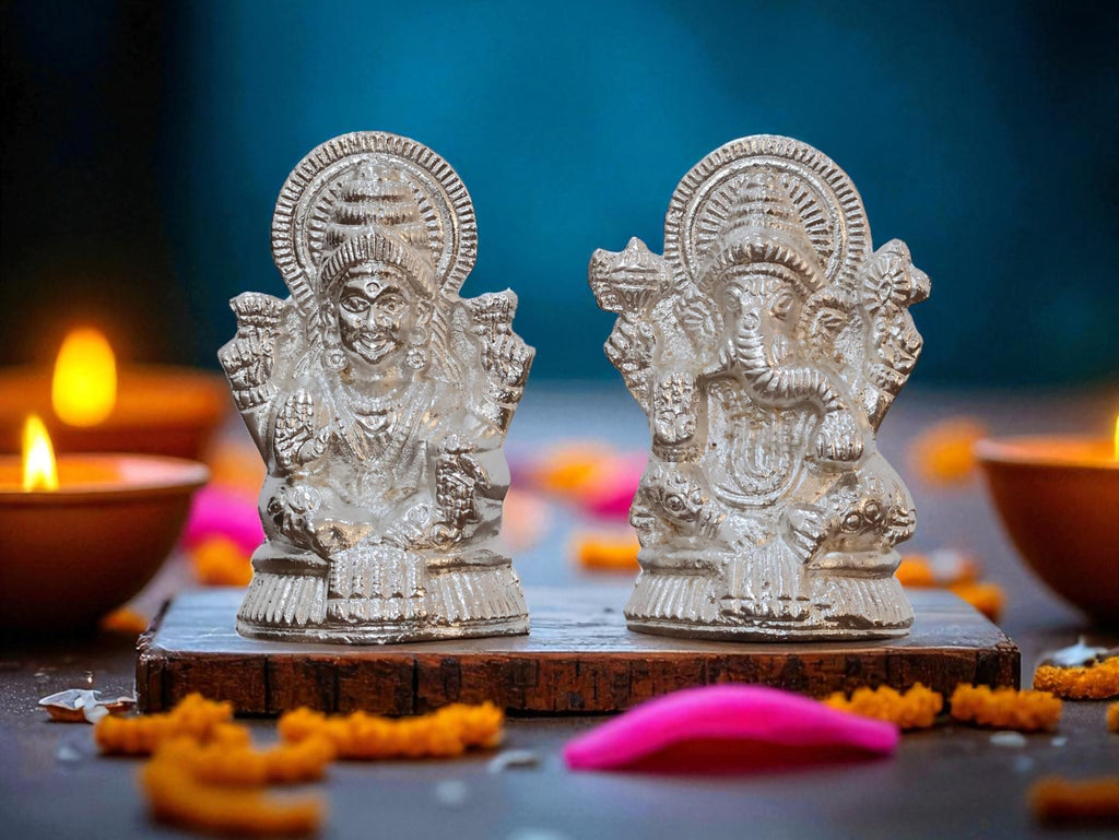 KridayKraft Metal Lakshmi & Ganesha Idol Pair – Silver-Finish Mini Statues (7.5 cm × 4 cm Each), 160 g – Auspicious Home Puja Decor & Diwali Gift