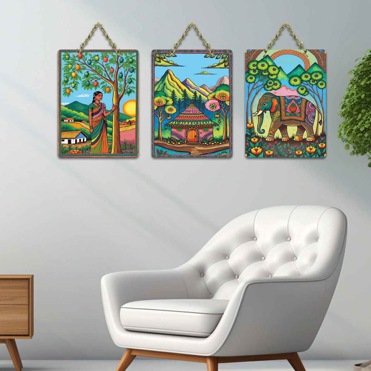 Artvibes Village Life Indian Folk Art Wall Hanging Decoration Item For Home | Living Room | Birthday Gift | Decorative Items For Home Wall | Wooden Wall Hanging Decoration |Door Decor Item (WH_9678N)