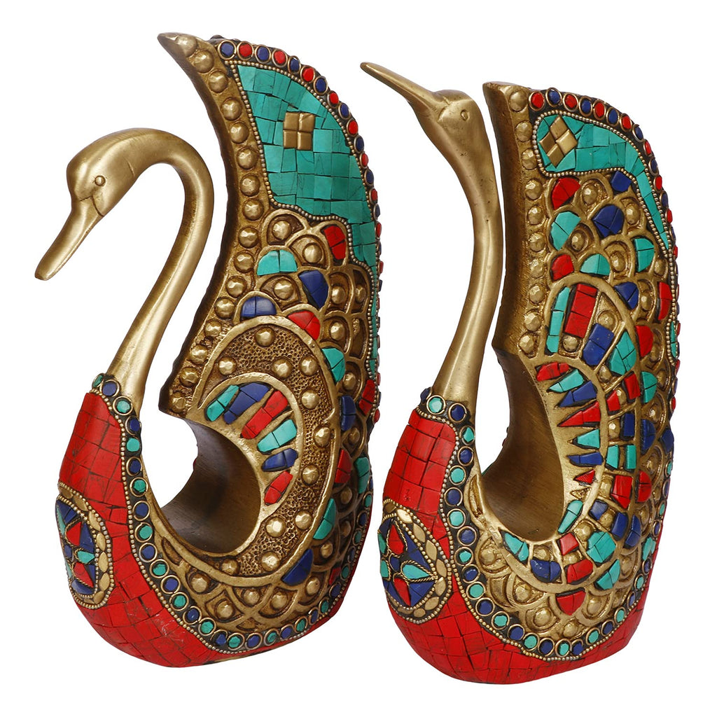 ARTVARKO Brass Swan | Duck Pair Turquoise Statue Vastu Love Couple Decorative Animal Gift Showpiece Height 9.5 Inches
