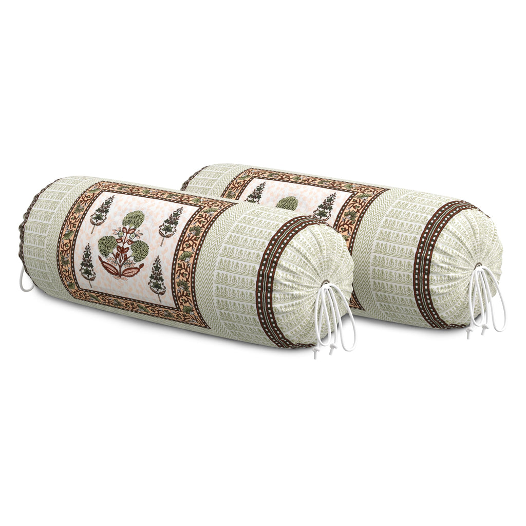 BLOCKS OF INDIA Cotton Hand Block Printed Bolster Cover | Booster Cover with Drawstring | Round Long Pillow Cover for Bed | Dewan Pillow Cover Set 16 X 32 | Set of 2 (Color 26)